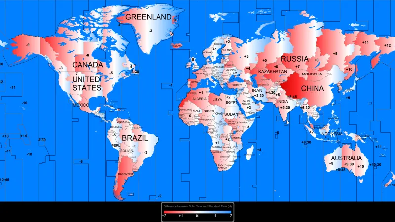 Mapa časových pásem a jejich posunu vůči astronomickému času