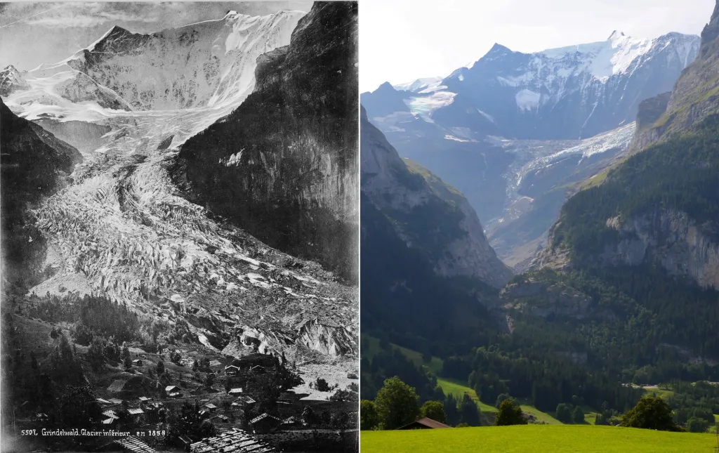 Ledovec Lower Grindelwald ve Švýcarsku – jak vypadal v roce 1865 (vlevo) a jak vypadal v srpnu 2019 (vpravo). Ještě v roce 2009 měl ledovec v údolí tloušťku až 300 metrů