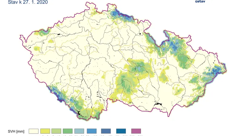 Zásoby vody ve sněhu na konci ledna 2020
