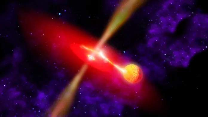Umělecká představa akrečního disku (červeně) s černou dírou a hvězdou hlavní posloupnosti