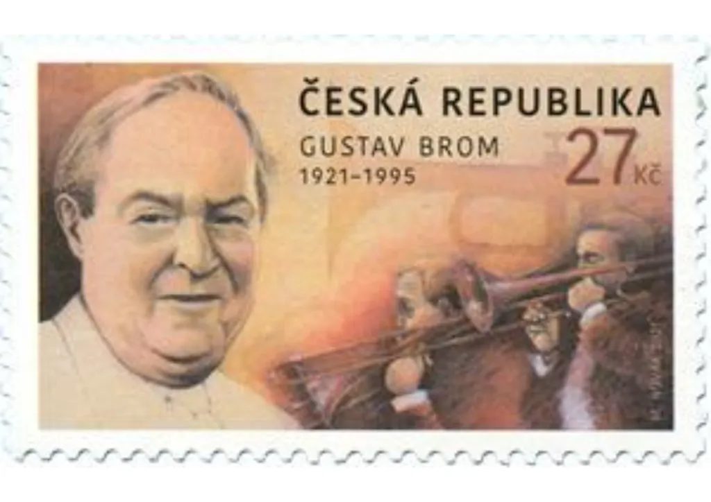 Jméno Gustava Broma, jazzového hudebníka, dirigenta a skladatele, je spojeno především s jeho orchestrem. Hrál nejen swing a jazz, ale i mnoho skladeb ze středního hudebního proudu. Byl i zpěvákem, nejznámější skladbou z jeho repertoáru je Pozdrav astronautovi (aneb Dobrý den, majore Gagarine). Autorem emise známky z roku 2021 je Michal Novák