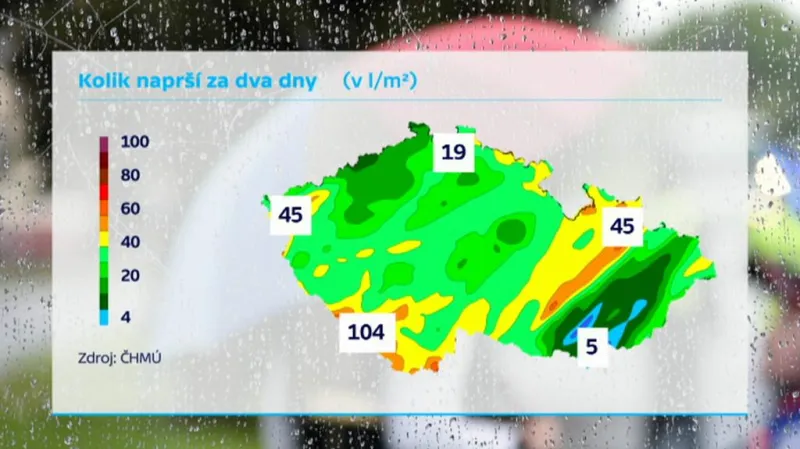 Úhrn předpokládaných srážek za pondělí a úterý