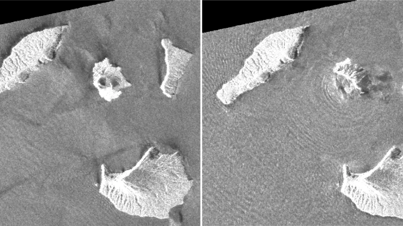Radarové snímky zachycující vulkán Anak Krakatoa před erupcí a po ní