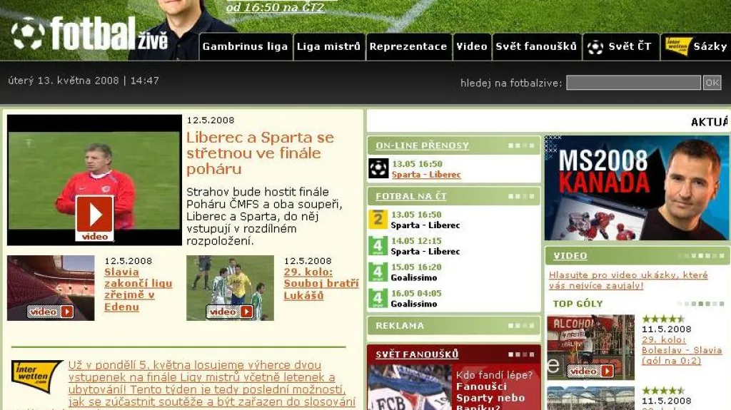 Internetové stránky Fotbal živě