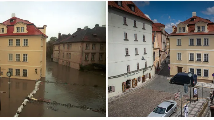 Malá Strana pod Karlovým mostem a most přes Čertovku v srpnu 2002 a dnes