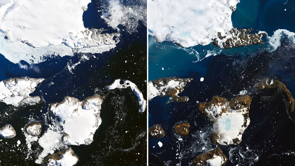 Satelitní snímky zobrazující dopady teplotních změn na Eagle Island
