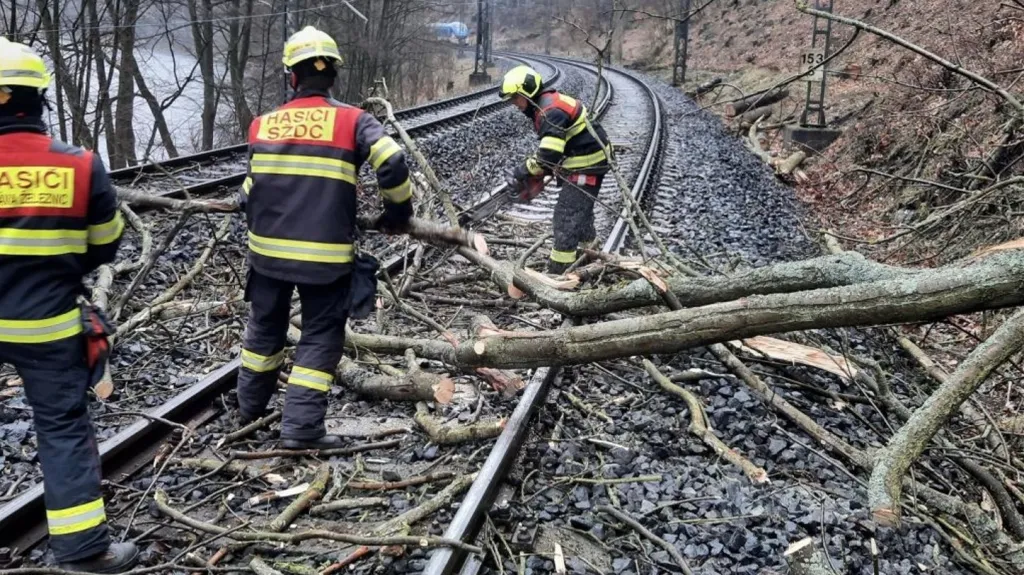 Odklízení následků pádu stromu na železnici