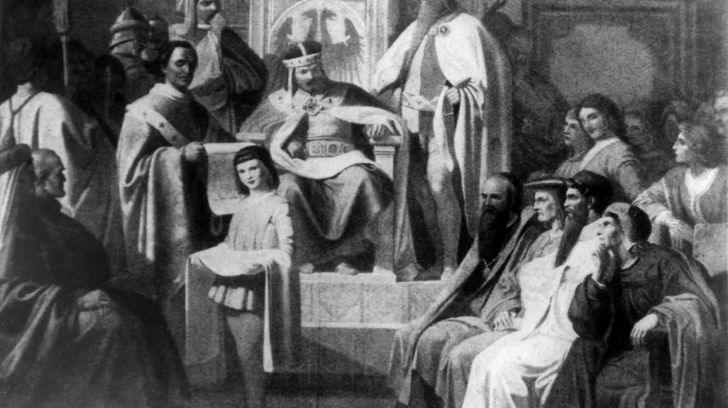 Karel IV. zakládá Vysoké učení pražské ( Karlova univerzita - 1348). Reprodukce fresky malíře Josefa Matyáše Trenkwalda z Letohrádku královny Anny.