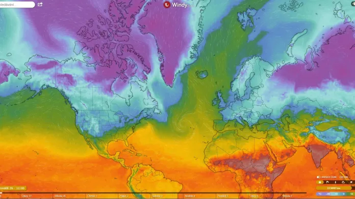 Na vizualizaci je dobře vidět oblast teplého vzduchu, která sahá až k pólu