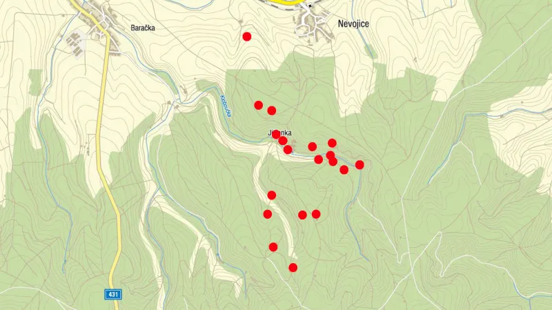 Mapa míst, kde všude žhář zapaloval chaty a posedy