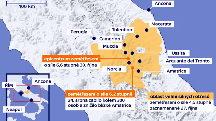 Italská města zasažená zemětřesením