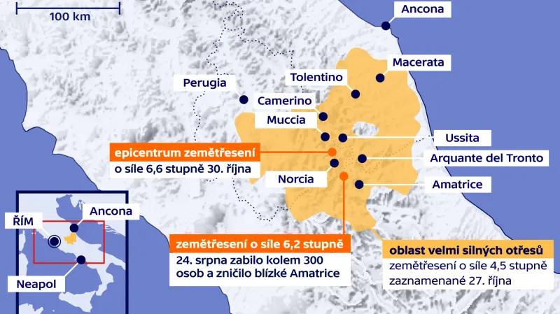 Italská města zasažená zemětřesením