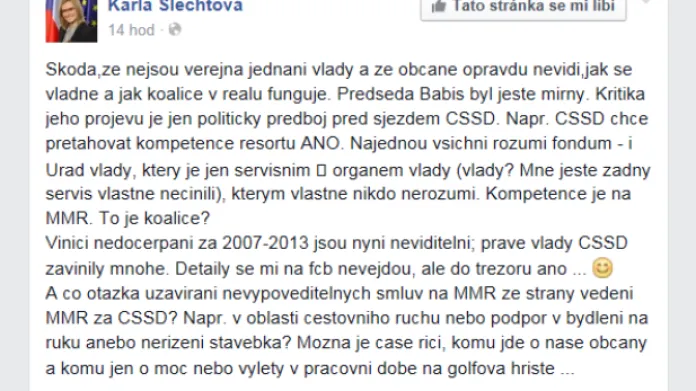 Karla Šlechtová kritizuje na Facebooku koaliční spolupráci