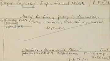Původní výpůjční lístek vyplněný prvním knihovníkem - Jiřím Mahenem