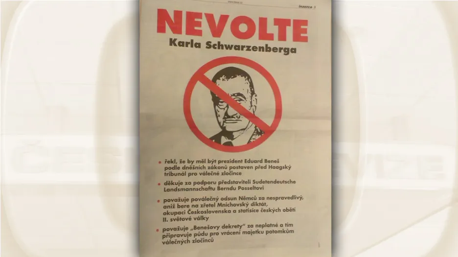 Inzerát v novinách proti Karlovi Schwarzenbergovi
