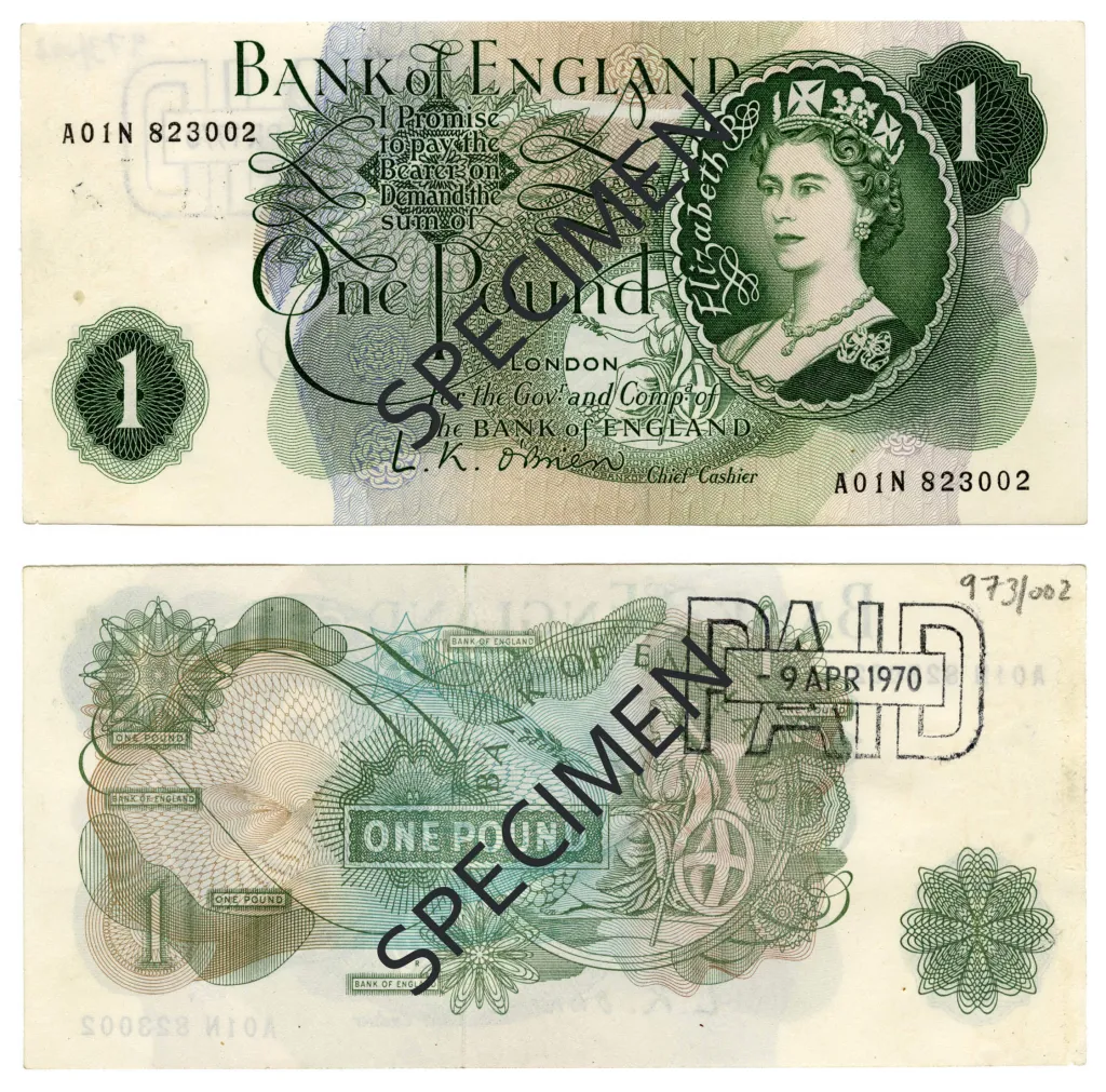 Bankovka série C s královnou Alžbětou II. v hodnotě jedné libry (v oběhu od 17. 3. 1960 do 31. 5. 1979)