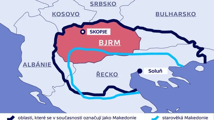 Oblast současné a starověké Makedonie (BJRM - Bývalá jugoslávská republika Makedonie, bývalý kompromisní název země)