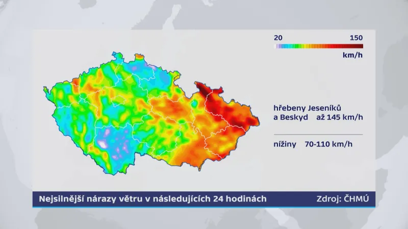 Intenzita nárazů větru v nadcházejících 24 hodinách