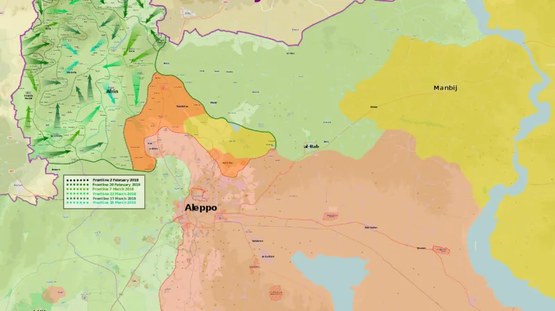 Operace Olivová ratolest. Zeleně turečtí, opoziční a islamističtí ozbrojenci, červeně vládní vojska, žlutě kurdské Syrské demokratické síly