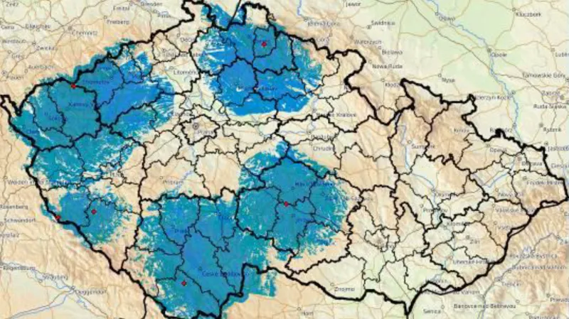 Mapa dotčených oblastí (vysílače označeny červeně)