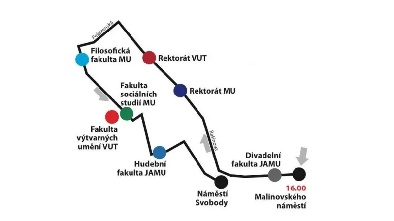Trasa 2. pochodu studentů v Brně (autor: Týden neklidu)