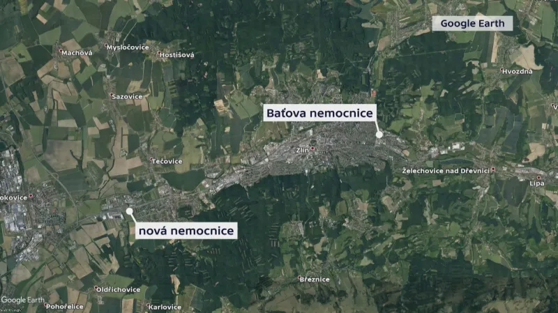 Poloha nové nemocnice ve Zlíně