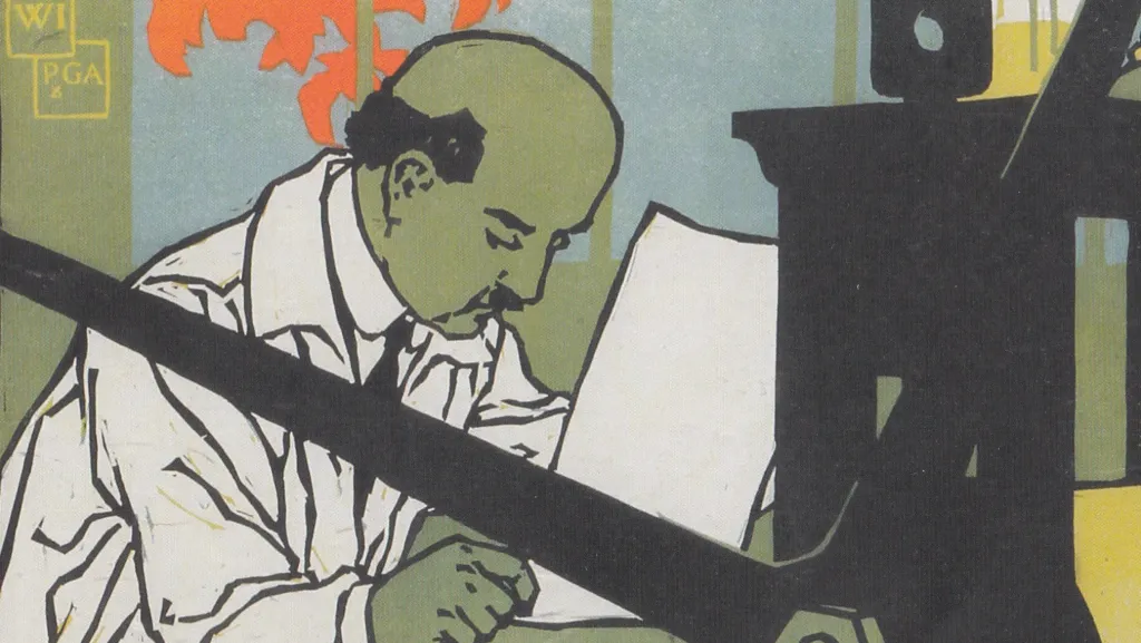 Autoportrét Vojtěcha Preissiga u tiskařského stroje (1922)