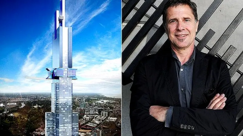 Architekt Nonda Katsalidis vedle budovy Australia 108