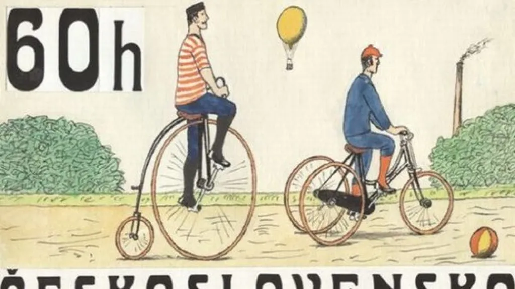 Návrh na poštovní známku z emise Historická kola - s kresbou Kamila Lhotáka