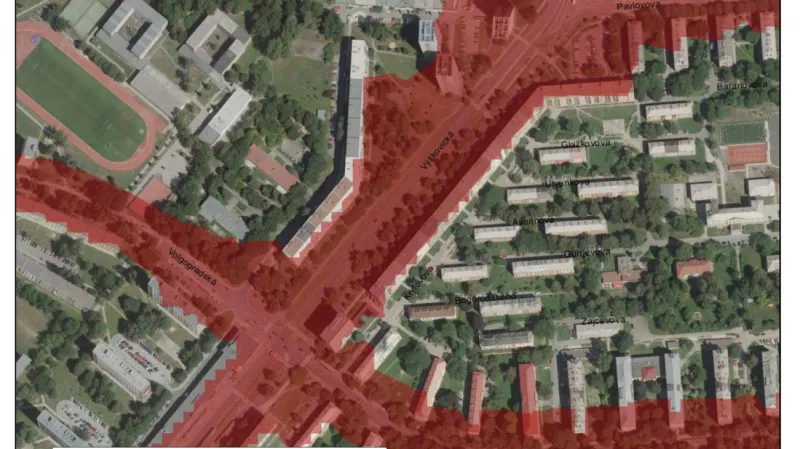 Příklad tzv. hlukové mapy, která byla zpracována pro jednu z ostravských částí