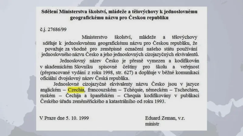 Používání slova Czechia doporučil už v roce 1999 tehdejší ministr školství