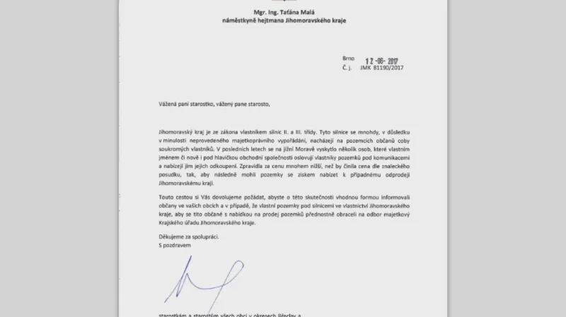 Dopis náměstkyně hejtmana Taťány Malé obcím