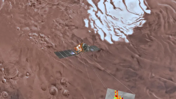 Umělecká představa o tom, jak bylo odhaleno podzemní jezero na Marsu
