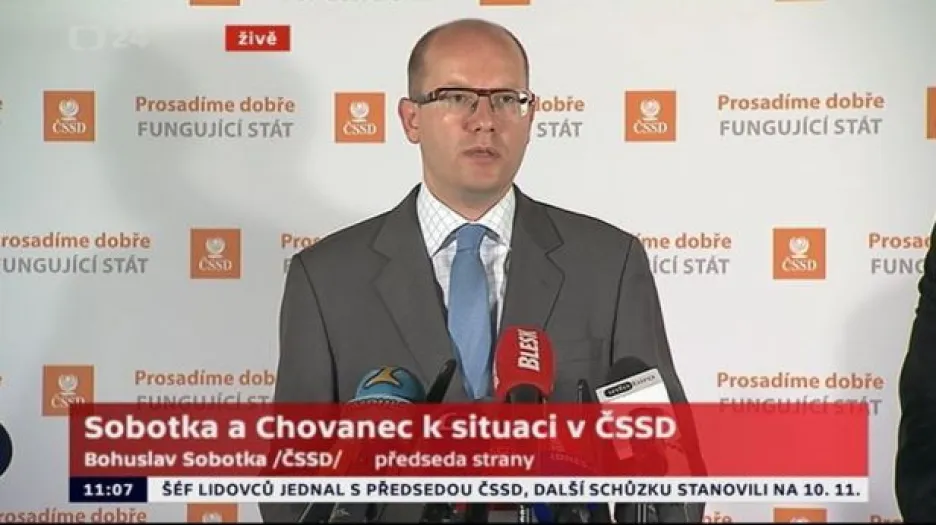 Brífink Bohuslava Sobotky a Milana Chovance k situaci v ČSSD