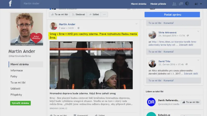 Dopravu zdarma sliboval náměstek Ander na Facebooku
