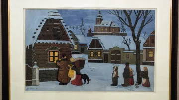 Hrusice - rodná obec malíře Josefa Lady na jeho obraze „Slouha vytrubuje“ (1952, kvaš)