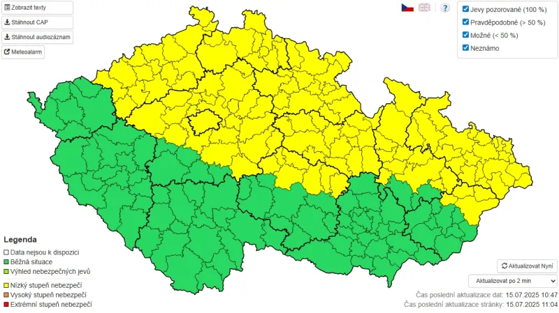 Výstraha před bouřkami na 15. července 2025