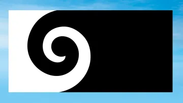 Vlajka s názvem Koru. Má připomínat kapradinu, vlnu, mrak nebo beraní roh (autor návrhu: Andrew Fyfe)