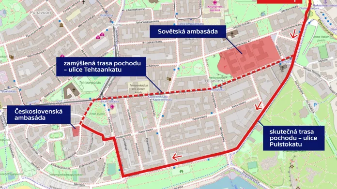 Trasa pochodu demonstrace proti invazi do ČSSR v Helsinkách