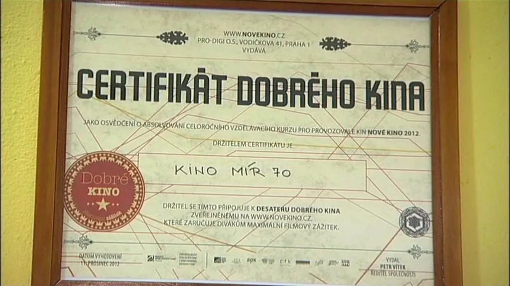 Certifikát krnovského kina