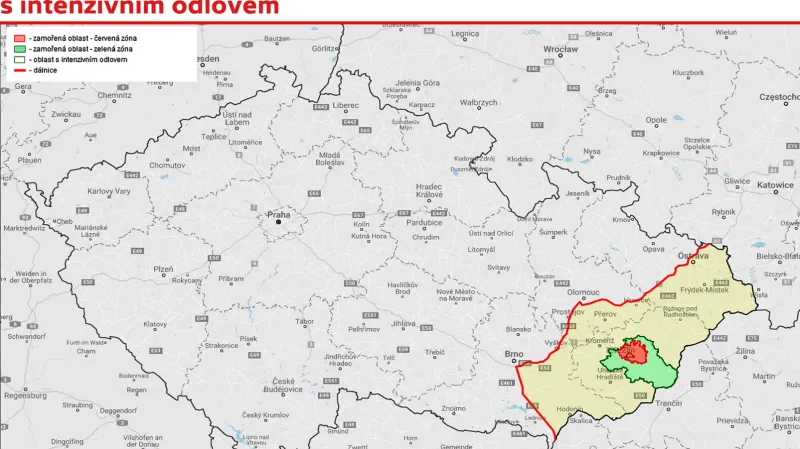 Území zamořené oblasti před rozhodnutím o zmenšení zóny