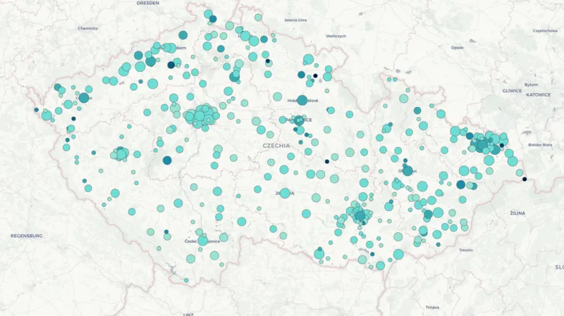 Hnutí ANO - zobrazeny pouze obce, ve kterých strana kandidovala. Čím tmavší je barva obce, tím více zastupitelů zde strana získala.