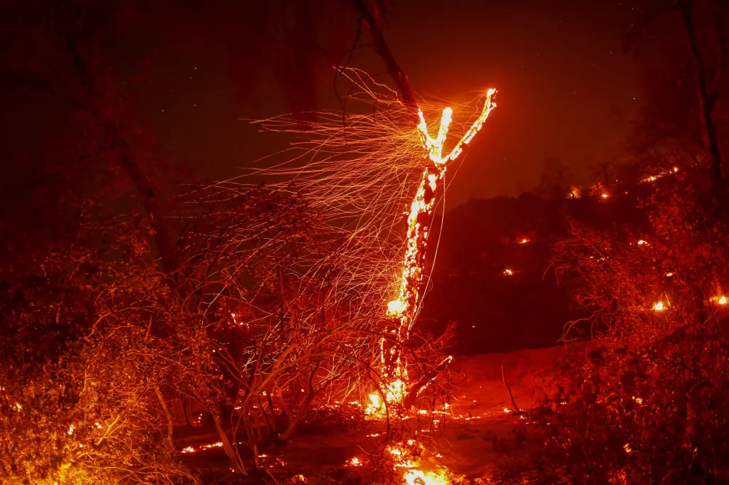 Noční fotografie požáru v Kalifornii