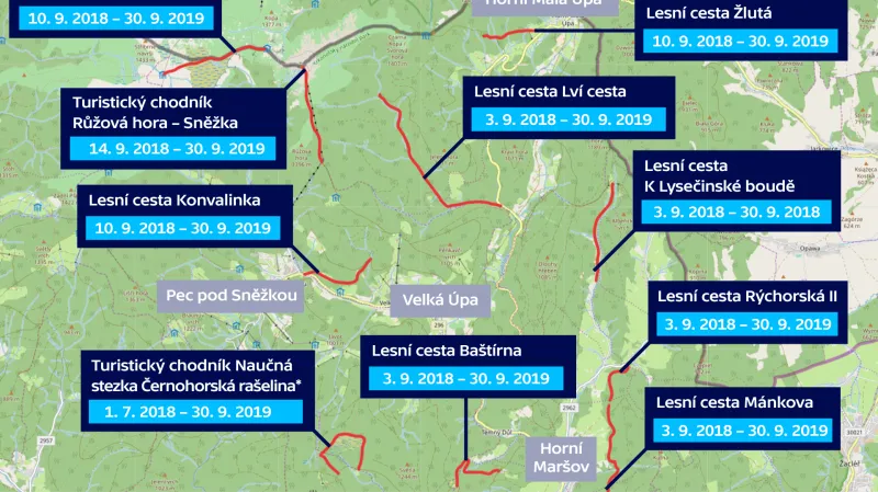 Turistické cesty v Krkonoších – úplně uzavřené