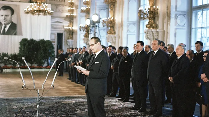 Alexander Dubček při projevu na Pražském hradě u příležitosti 20. výročí Vítězného února, 24. února 1968