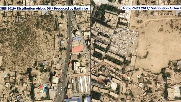 Ujgurský hřbitov Sulanim v čínském Chotanu v dubnu 2018 (vlevo) a v srpnu 2019