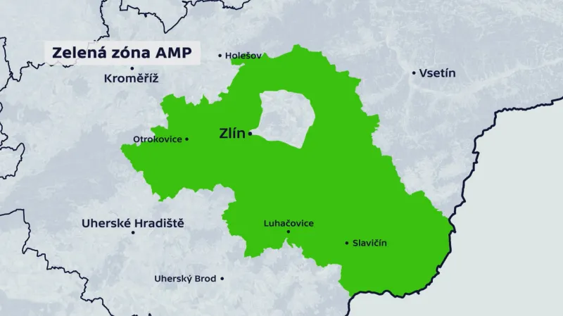 Zamořená zóna (zelená) a epicentrum nákazy (červená)
