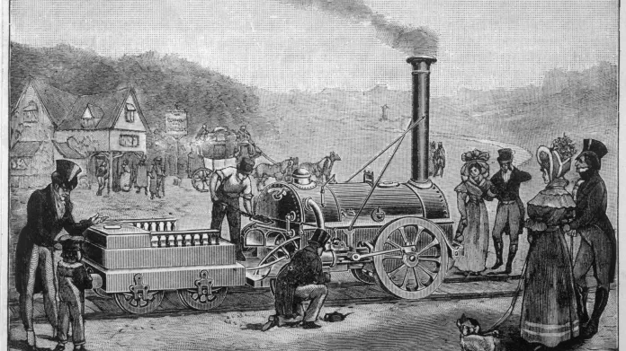 Stephensonova lokomotiva, která zahajovala veřejný parní provoz v roce 1825, se jmenovala Locomotion. Na historické grafice je modernější Stephensonova The Rocket (Raketa), slavná vítězka lokomotivního závodu