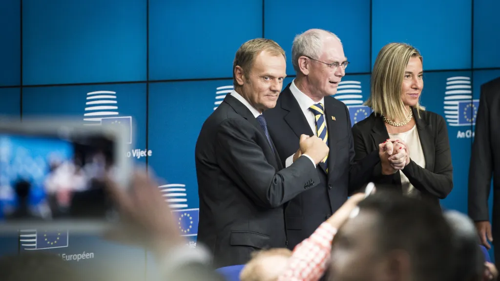 Donald Tusk, Herman Van Rompuy a Federica Mogherini