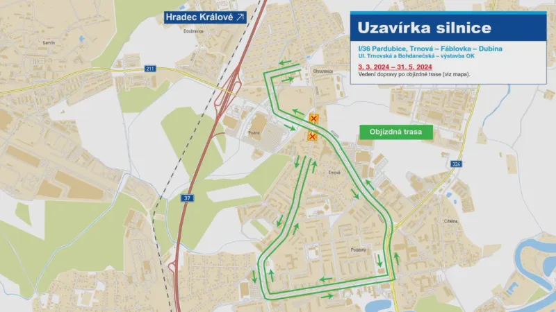 Mapa dopravní uzavírky v Pardubicích
